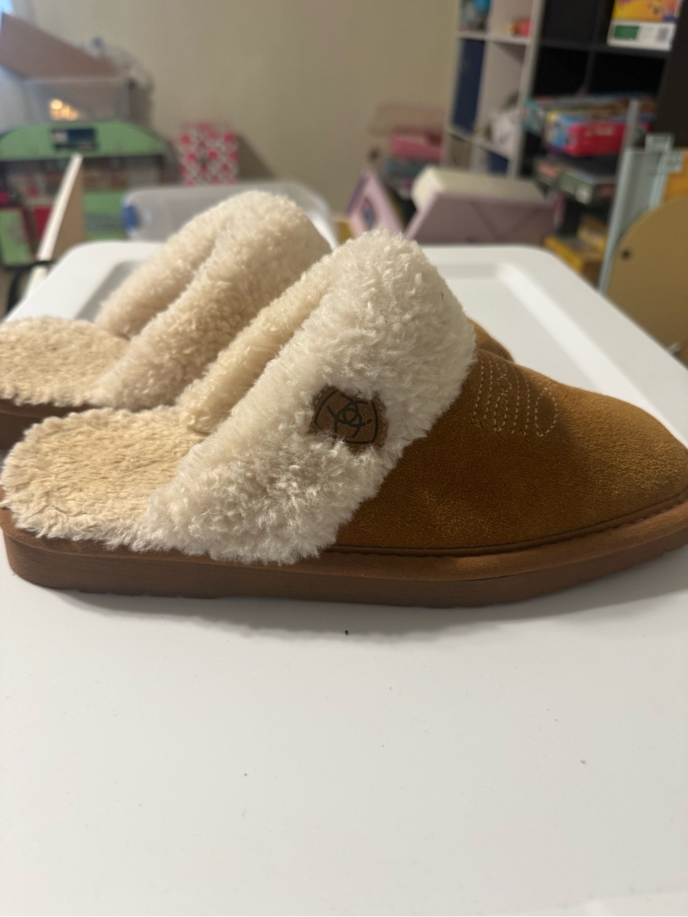 Ariat Chestnut Suede Mule Slippers with Cream Faux-Shearling
